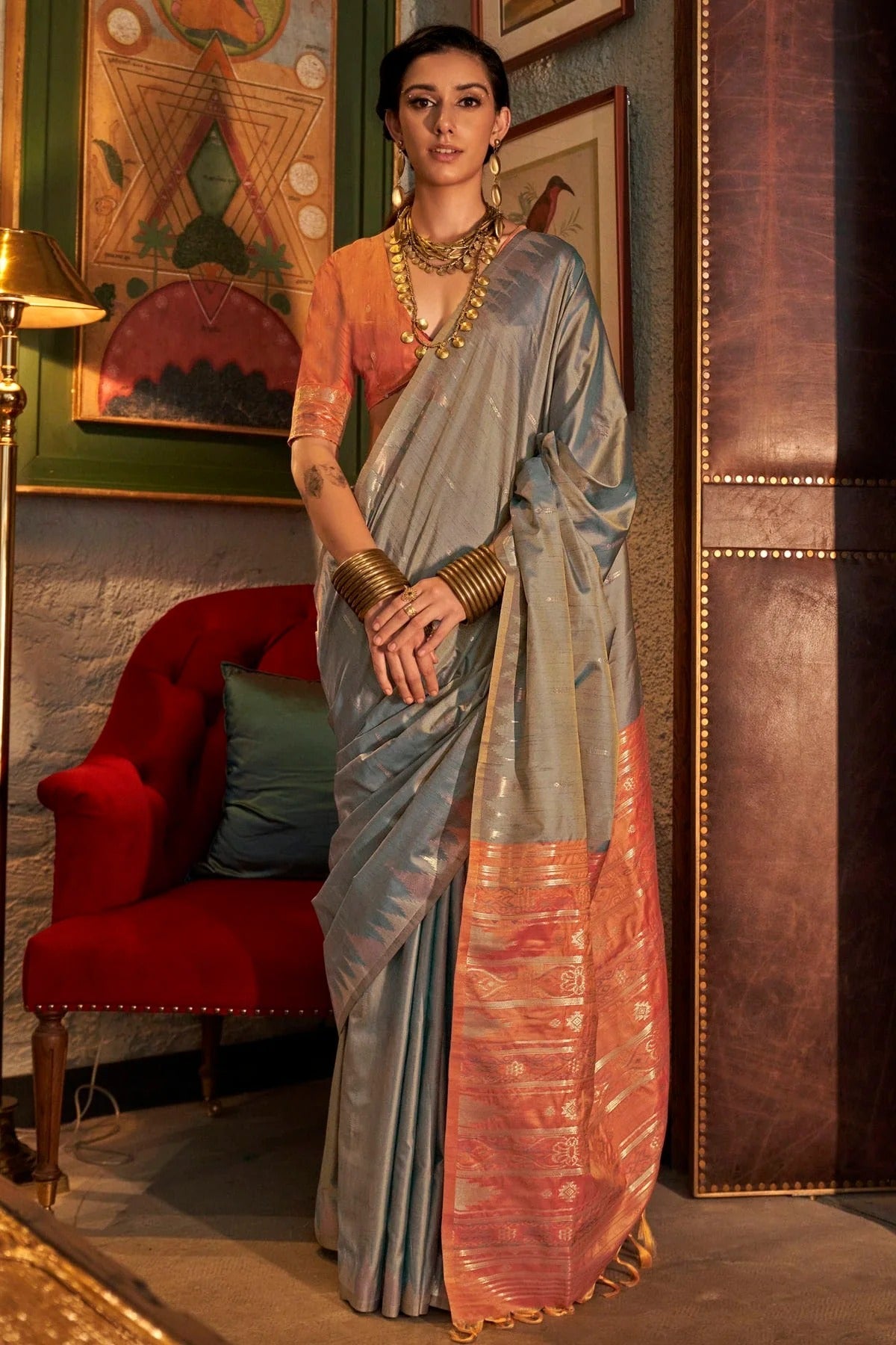 Grey Colour Tussar Silk Woven Work Saree SD1290001