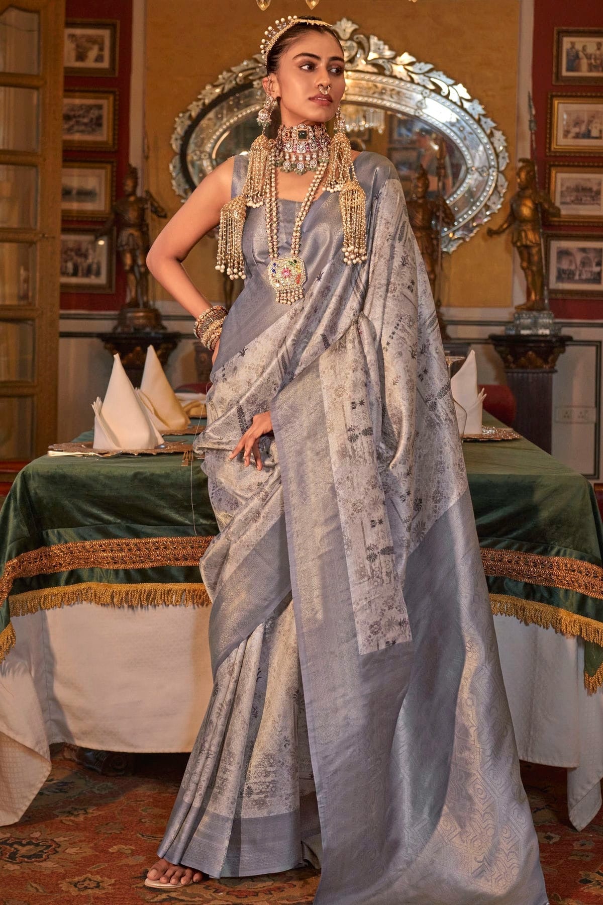 Grey Colour Tusser Silk Traditional Saree SD1290187