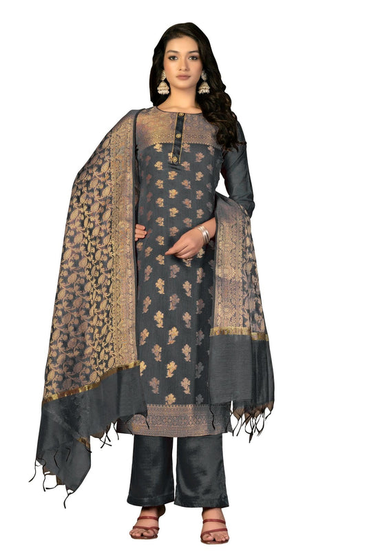 Grey Colour Unstitched Banarasi Jacquard Fabric Straight Suit US1160898