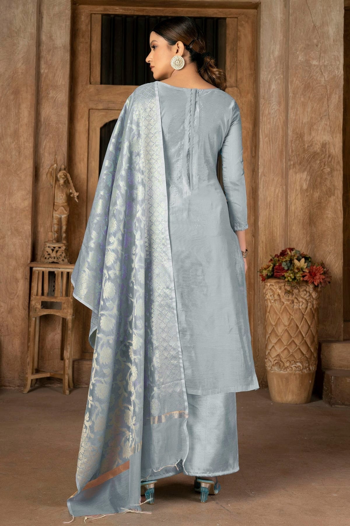 Grey Colour Unstitched Banarasi Jacquard Palazoo Pant Suit US1161258 A