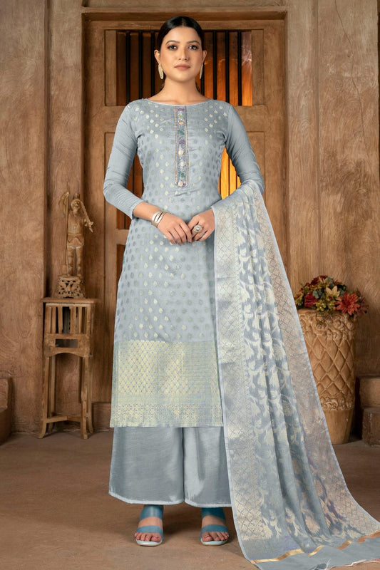 Grey Colour Unstitched Banarasi Jacquard Palazoo Pant Suit US1161258
