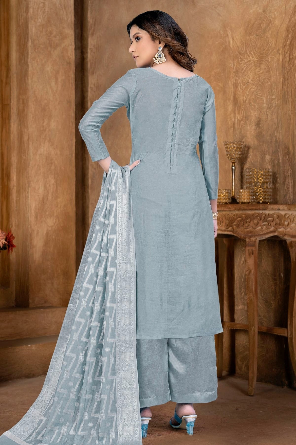 Grey Colour Unstitched Banarasi Jacquard Palazoo Pant Suit US1161365 A