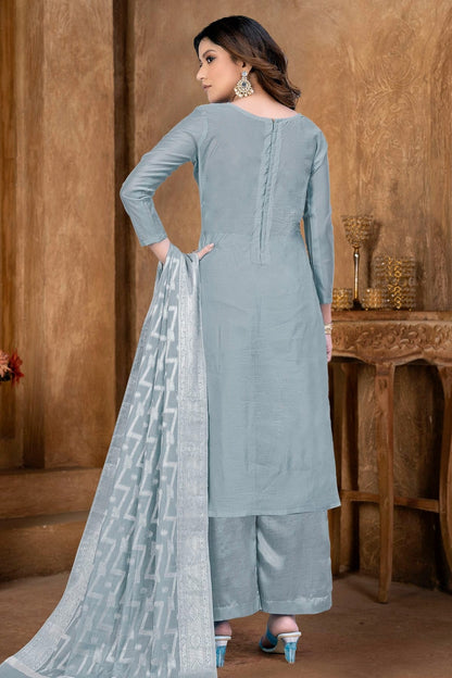 Grey Colour Unstitched Banarasi Jacquard Palazoo Pant Suit US1161365 A