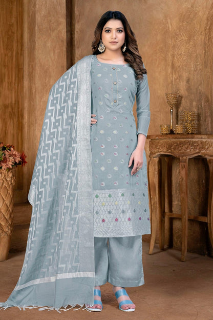 Grey Colour Unstitched Banarasi Jacquard Palazoo Pant Suit US1161365