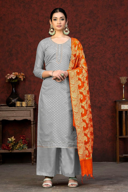 Grey Colour Unstitched Banarasi Jacquard Palazoo Pant Suit US1161379