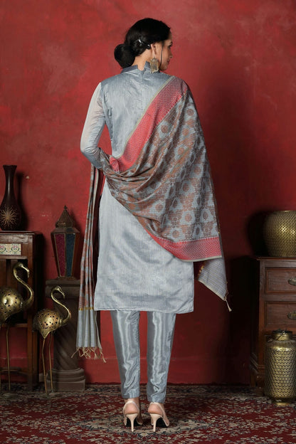 Grey Colour Unstitched Banarasi Silk Churidar Suit US1161355 A