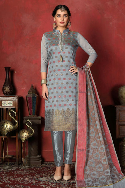 Grey Colour Unstitched Banarasi Silk Churidar Suit US1161355