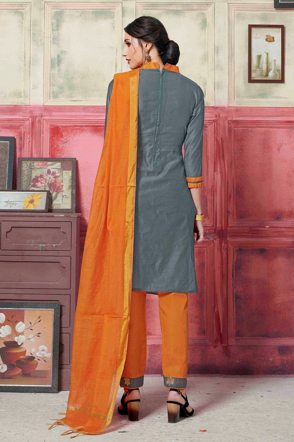 Grey Colour Unstitched Banarasi Silk Fabric Straight Suit US1161046 A