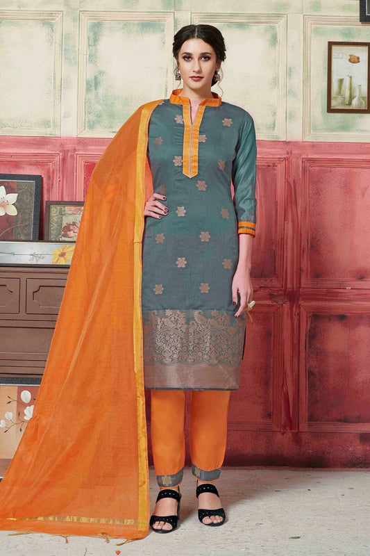Grey Colour Unstitched Banarasi Silk Fabric Straight Suit US1161046