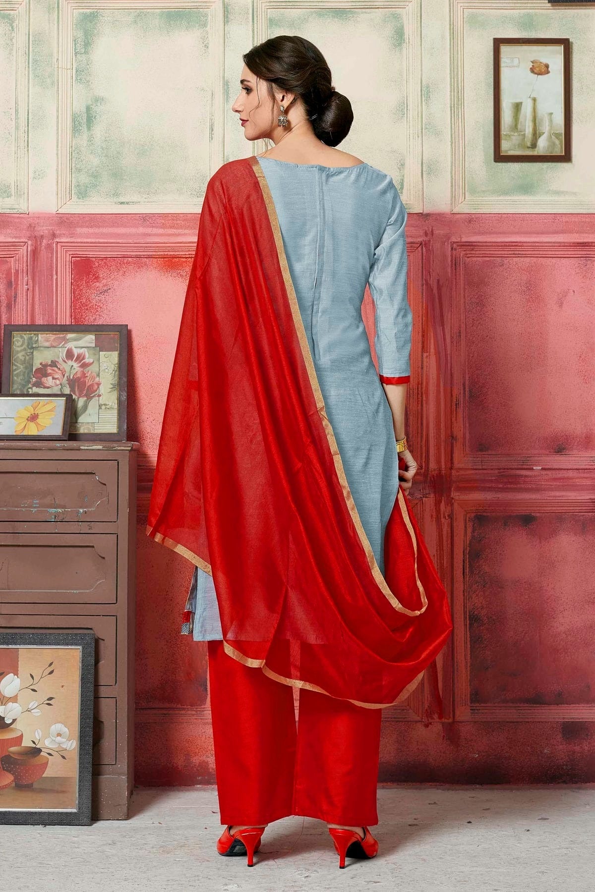 Grey Colour Unstitched Banarasi Silk Palazzo Pant Suit US1161042 A