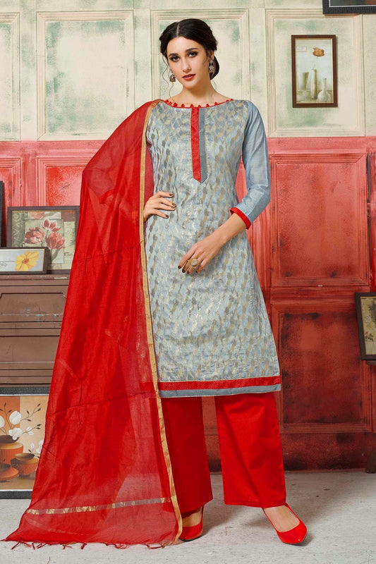 Grey Colour Unstitched Banarasi Silk Palazzo Pant Suit US1161042