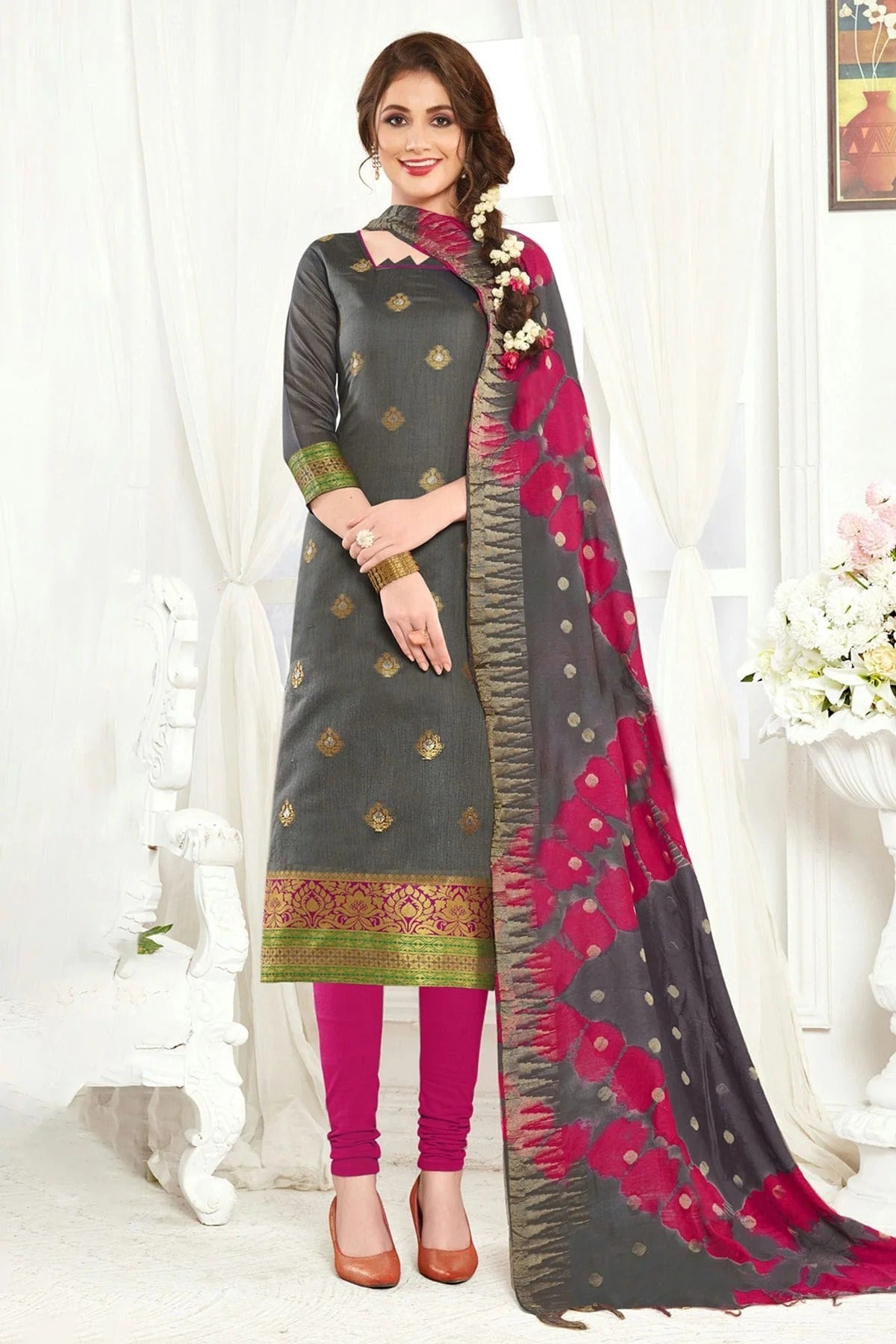 Grey Colour Unstitched Banarasi Silk Straight Suit US1161082