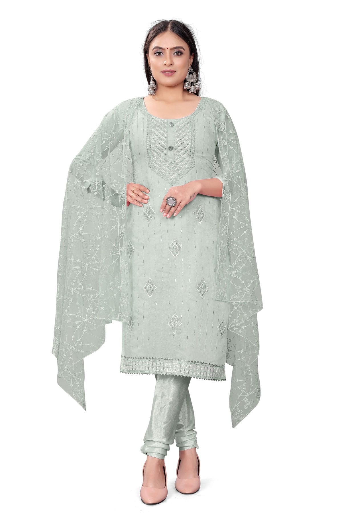 Grey Colour Unstitched Chanderi Cotton Churidar Suit US1160702