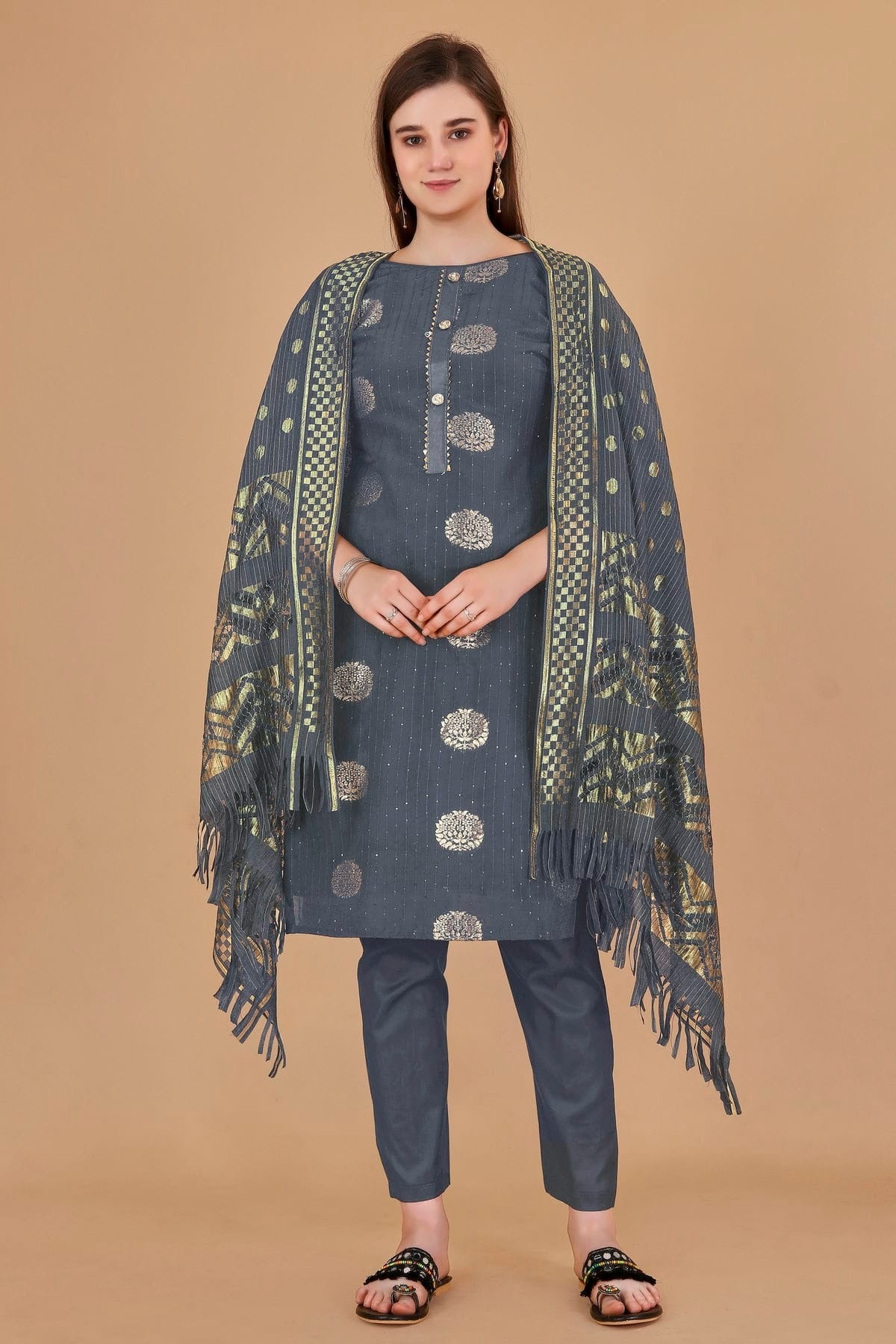 Grey Colour Unstitched Cotton Jacquard Straight Suit US1160878