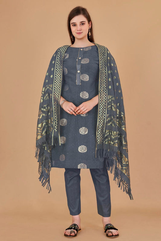 Grey Colour Unstitched Cotton Jacquard Straight Suit US1160878