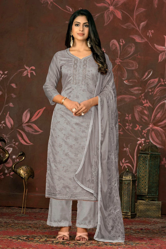 Grey Colour Unstitched Cotton Jacquard Straight Suit US1161263