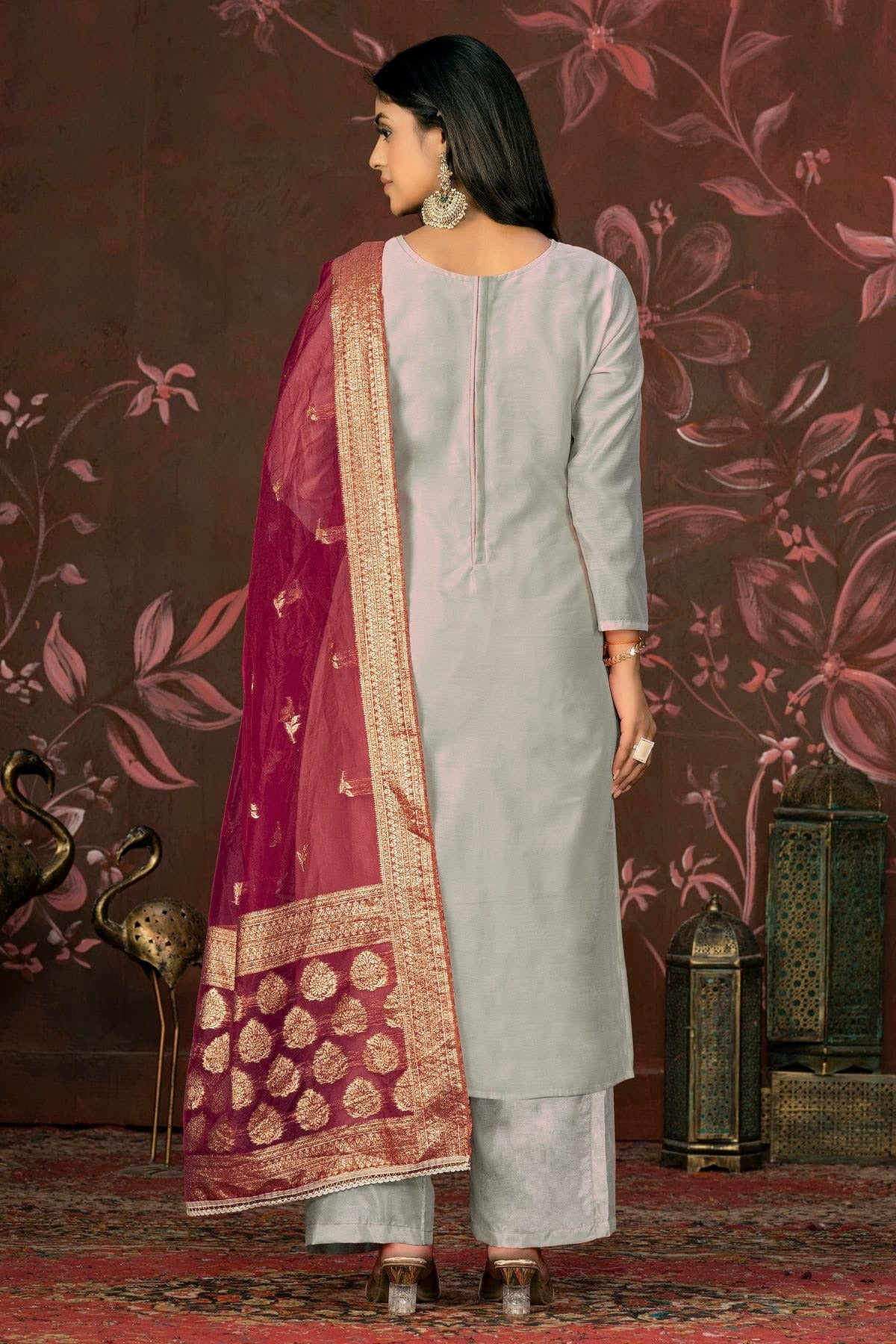 Grey Colour Unstitched Cotton Jacquard Straight Suit US1161271 A