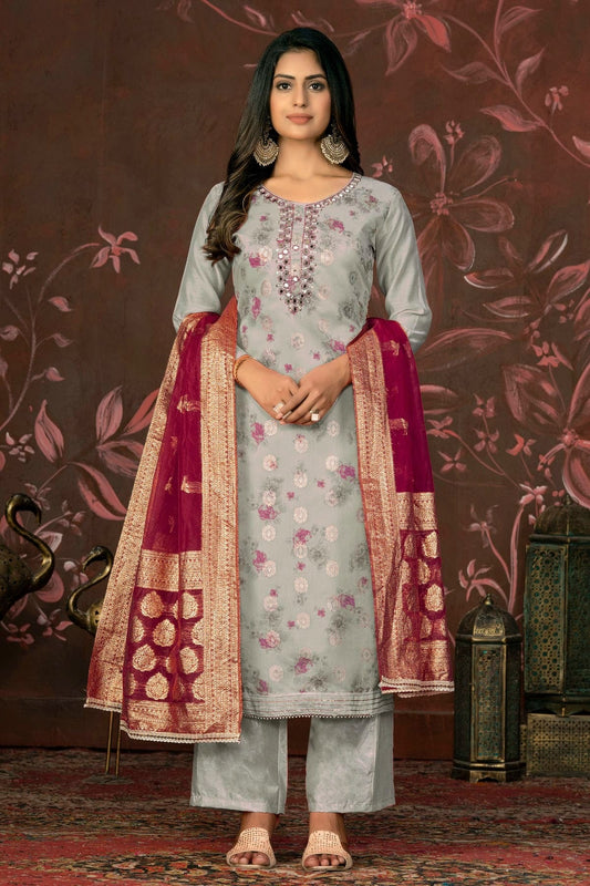 Grey Colour Unstitched Cotton Jacquard Straight Suit US1161271