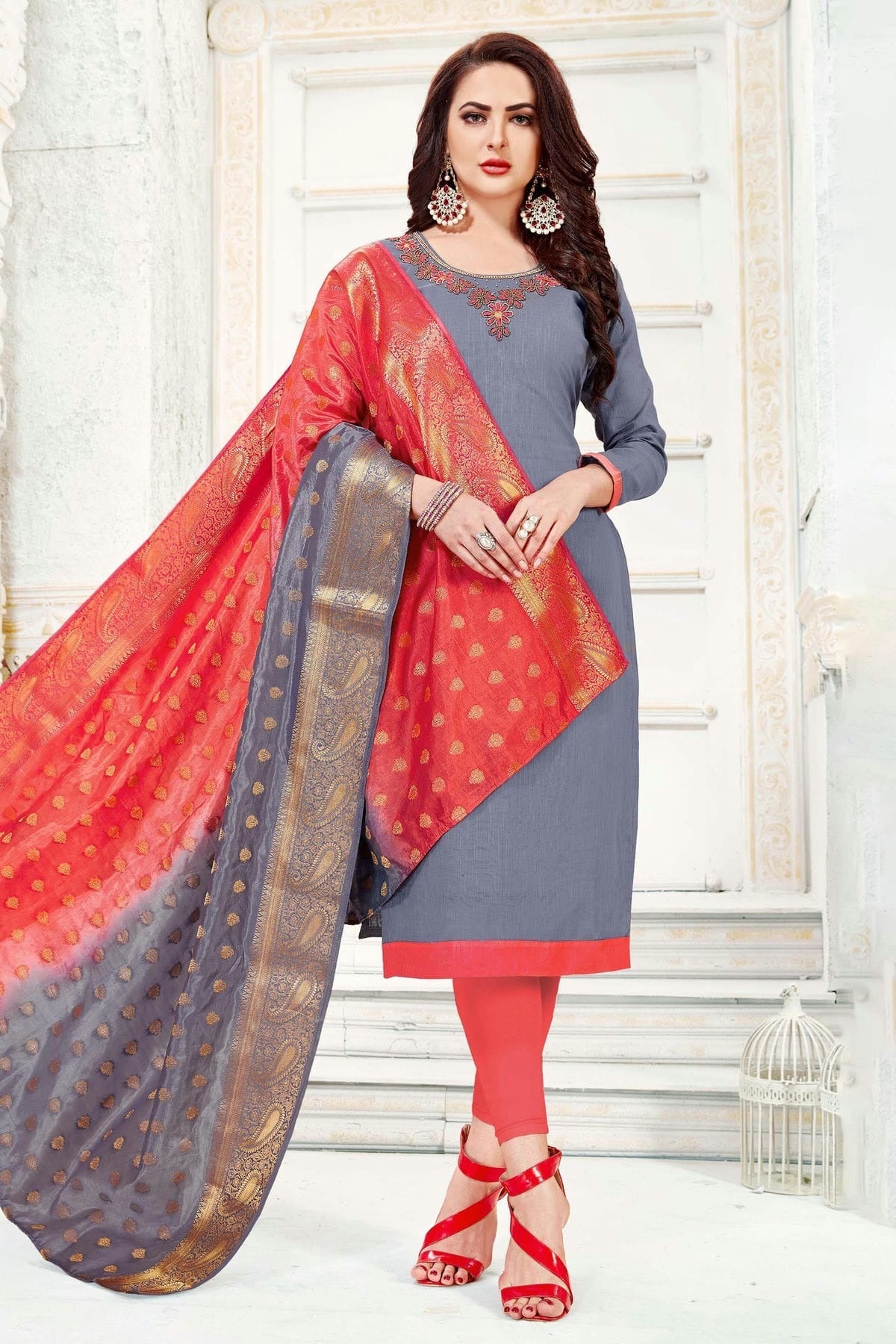 Grey Colour Unstitched Cotton South Slub Straight Suit US1161102