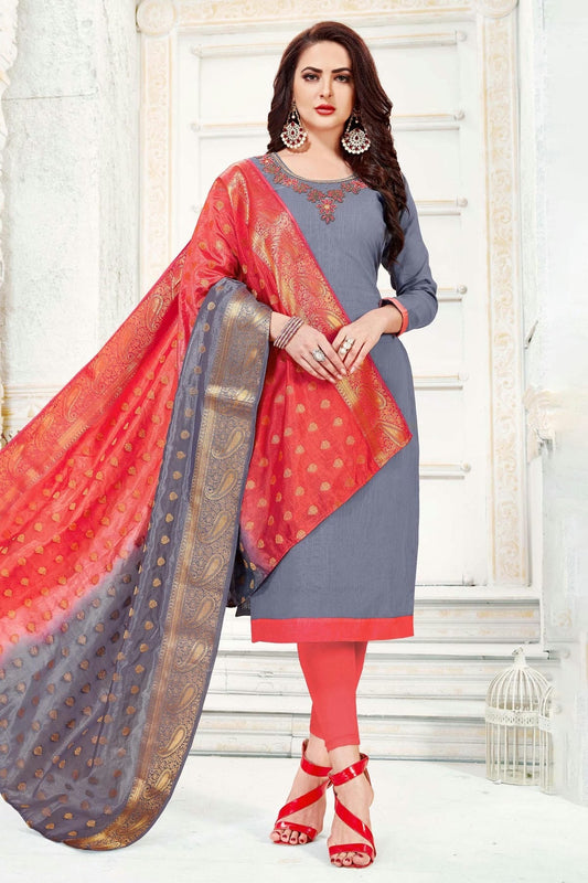 Grey Colour Unstitched Cotton South Slub Straight Suit US1161102
