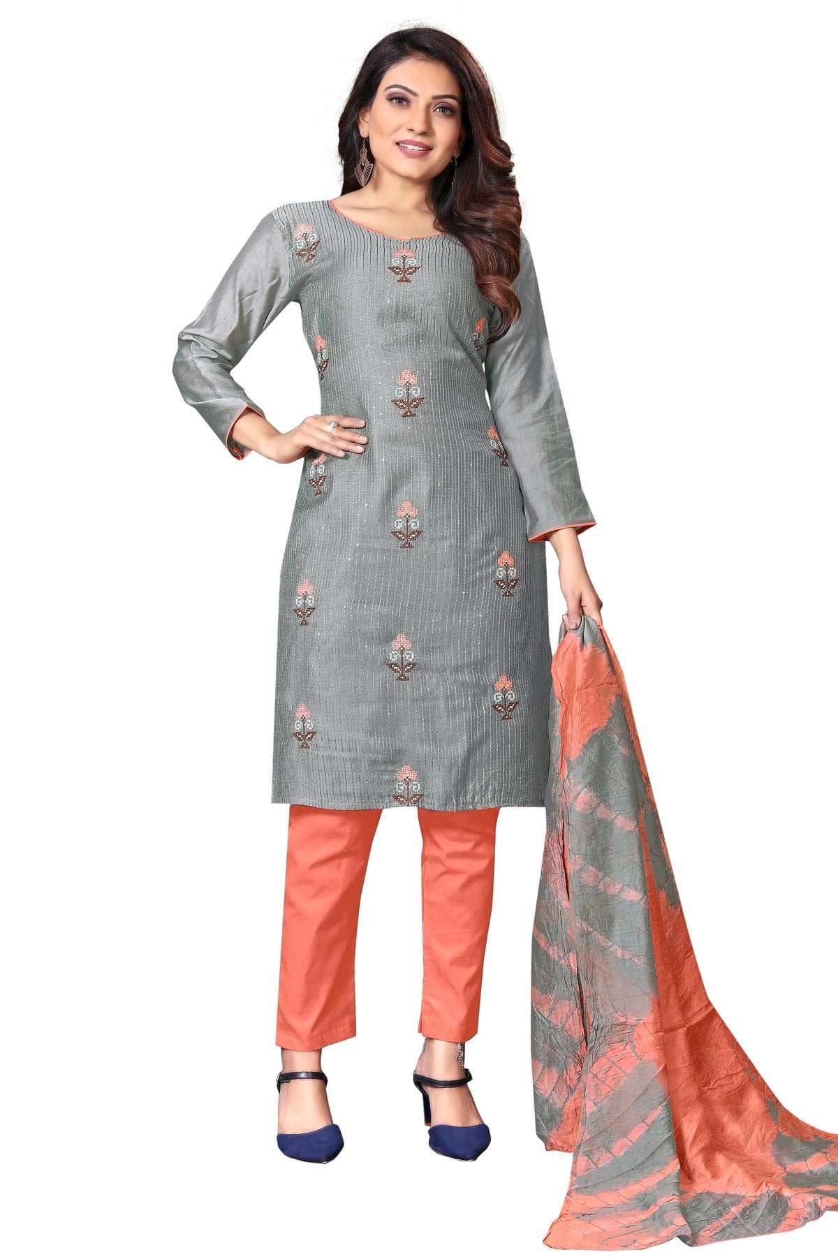 Grey Colour Unstitched Cotton Straight Suit US1160661