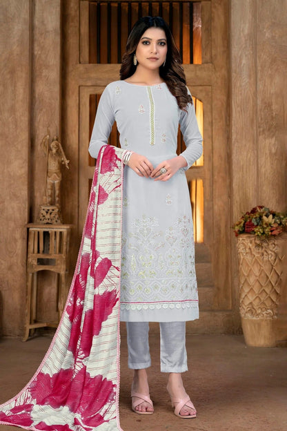 Grey Colour Unstitched Georgette Fabric Straight Suit US1160995