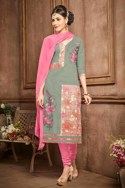 Grey Colour Unstitched Glaze Cotton Churidar Suit US1161186