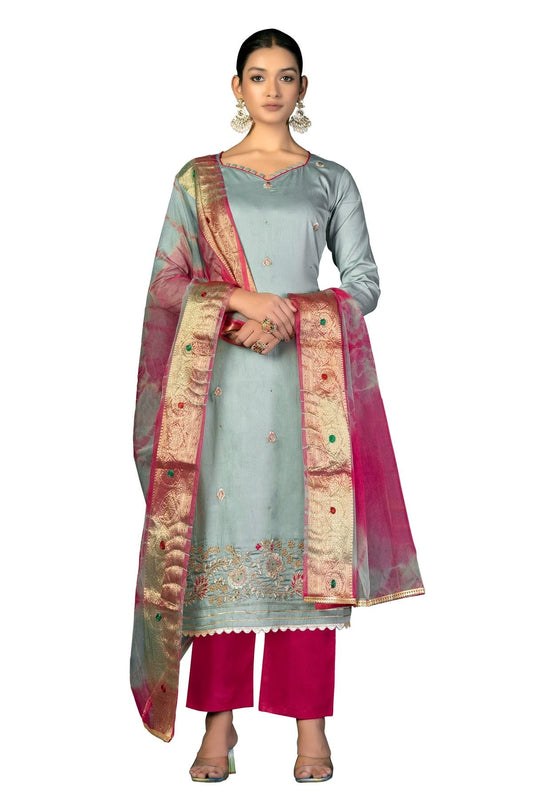 Grey Colour Unstitched Jam Cotton Fabric Straight Suit US1161048