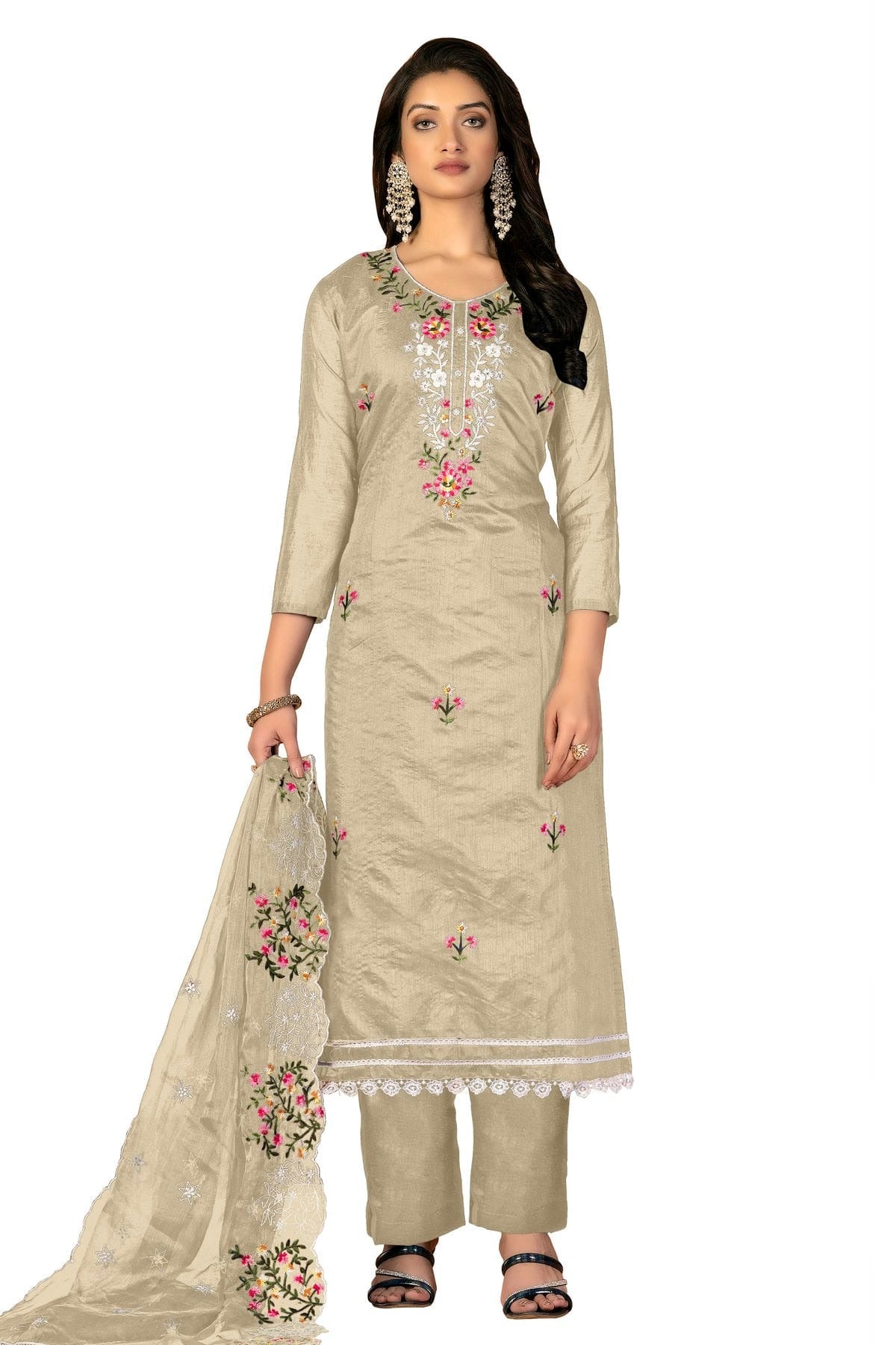 Grey Colour Unstitched Modal Chanderi Fabric Straight Suit US1160982