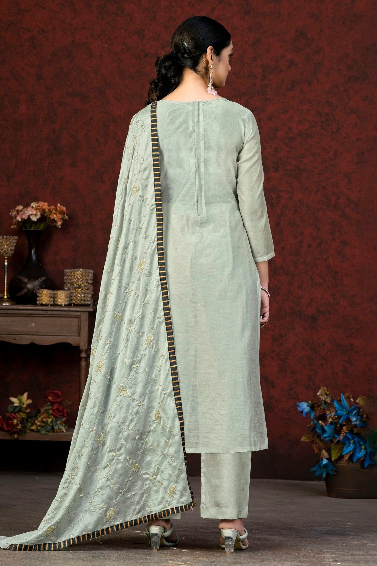 Grey Colour Unstitched Modal Chanderi Fabric Straight Suit US1161059 A