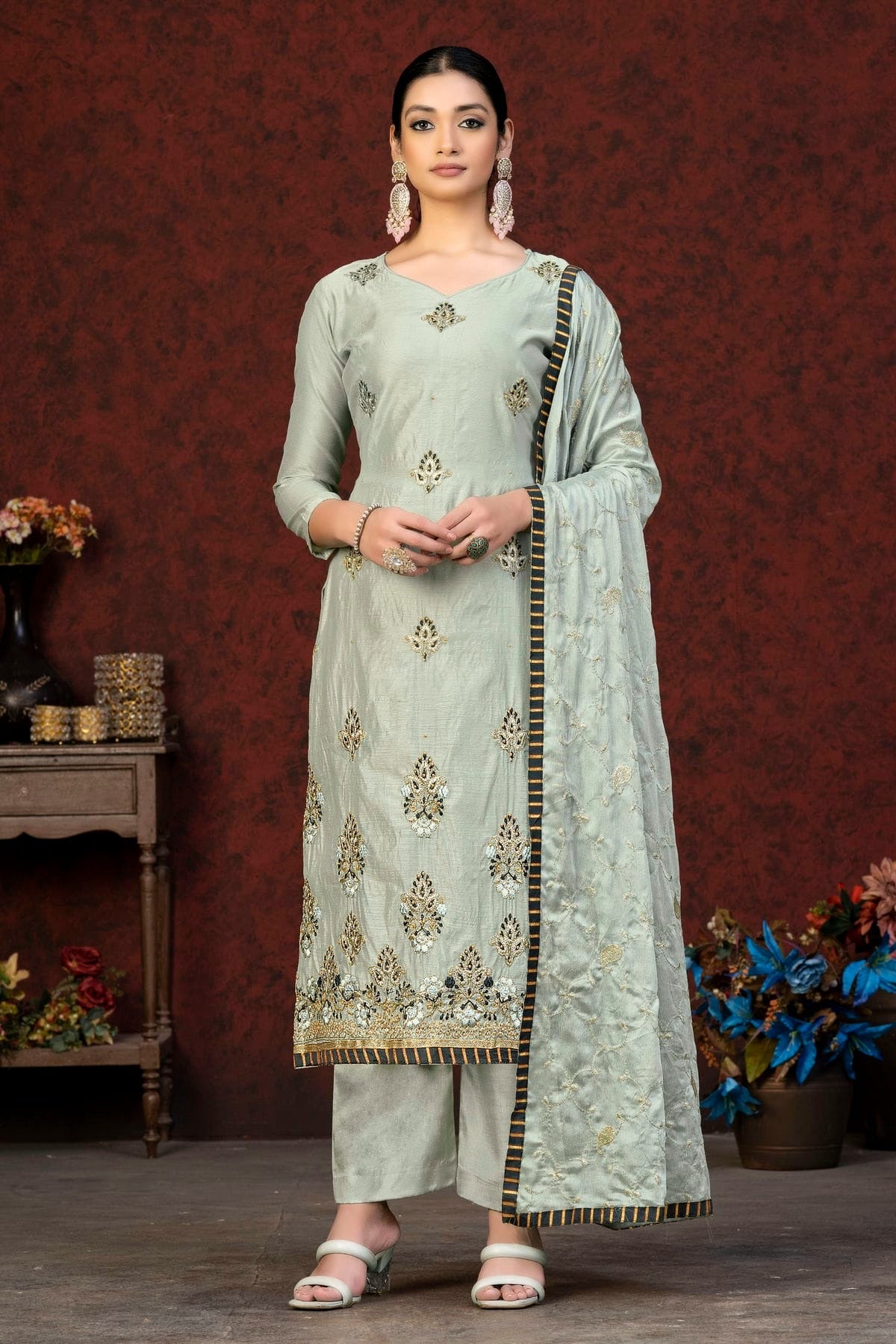Grey Colour Unstitched Modal Chanderi Fabric Straight Suit US1161059