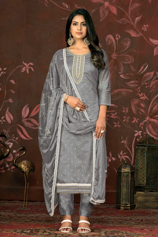 Grey Colour Unstitched Modal Cotton Pant Style Suit US1161247