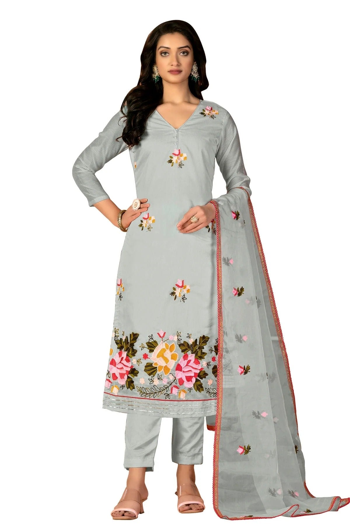 Grey Colour Unstitched Modal Silk Fabric Straight Suit US1160928