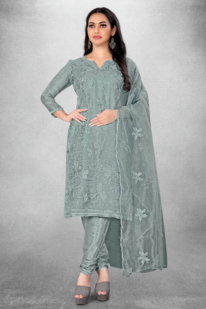 Grey Colour Unstitched Organza Churidar Suit US1160777