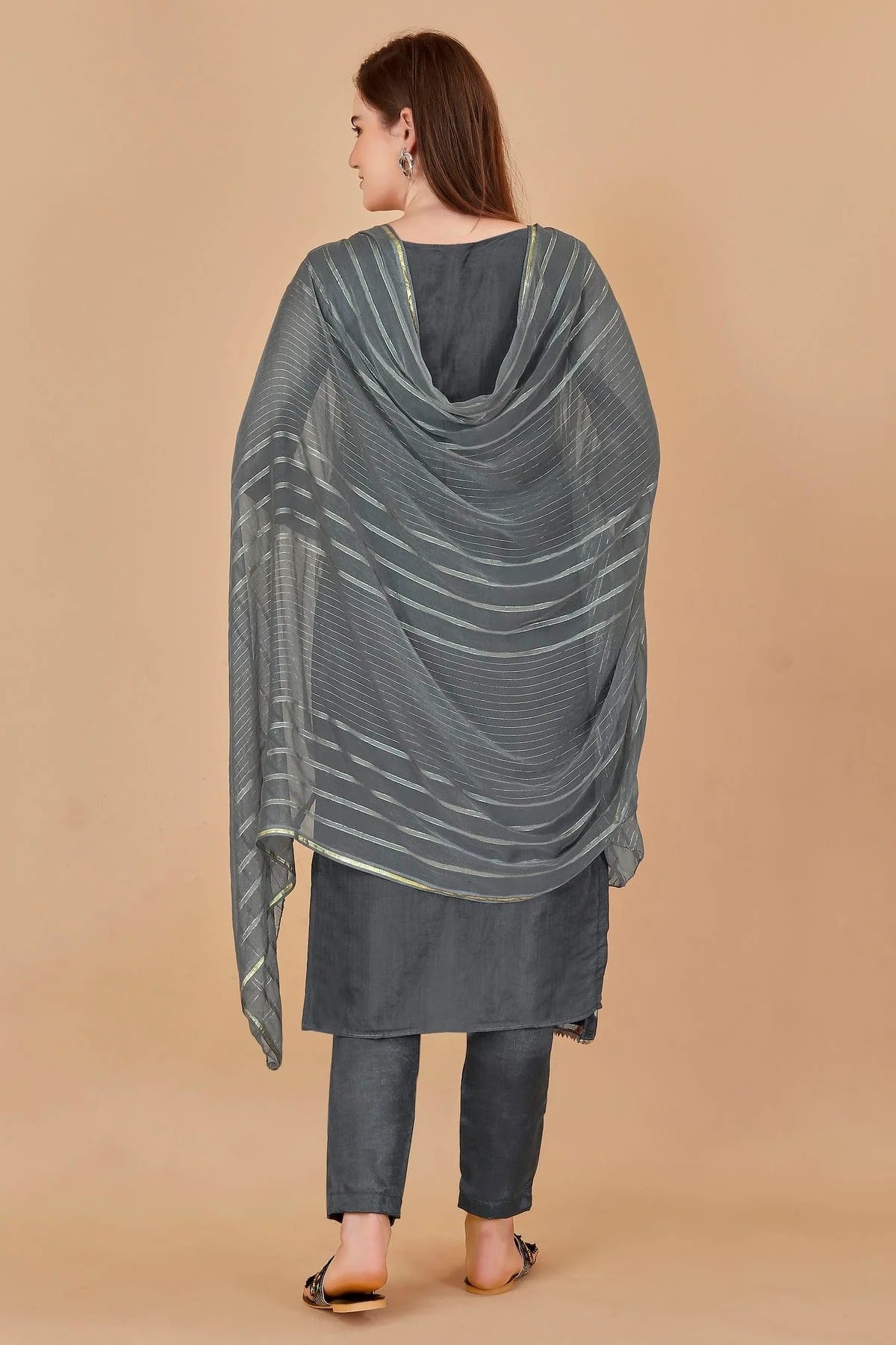 Grey Colour Unstitched Organza Jacquard Fabric Straight Suit US1161026 A