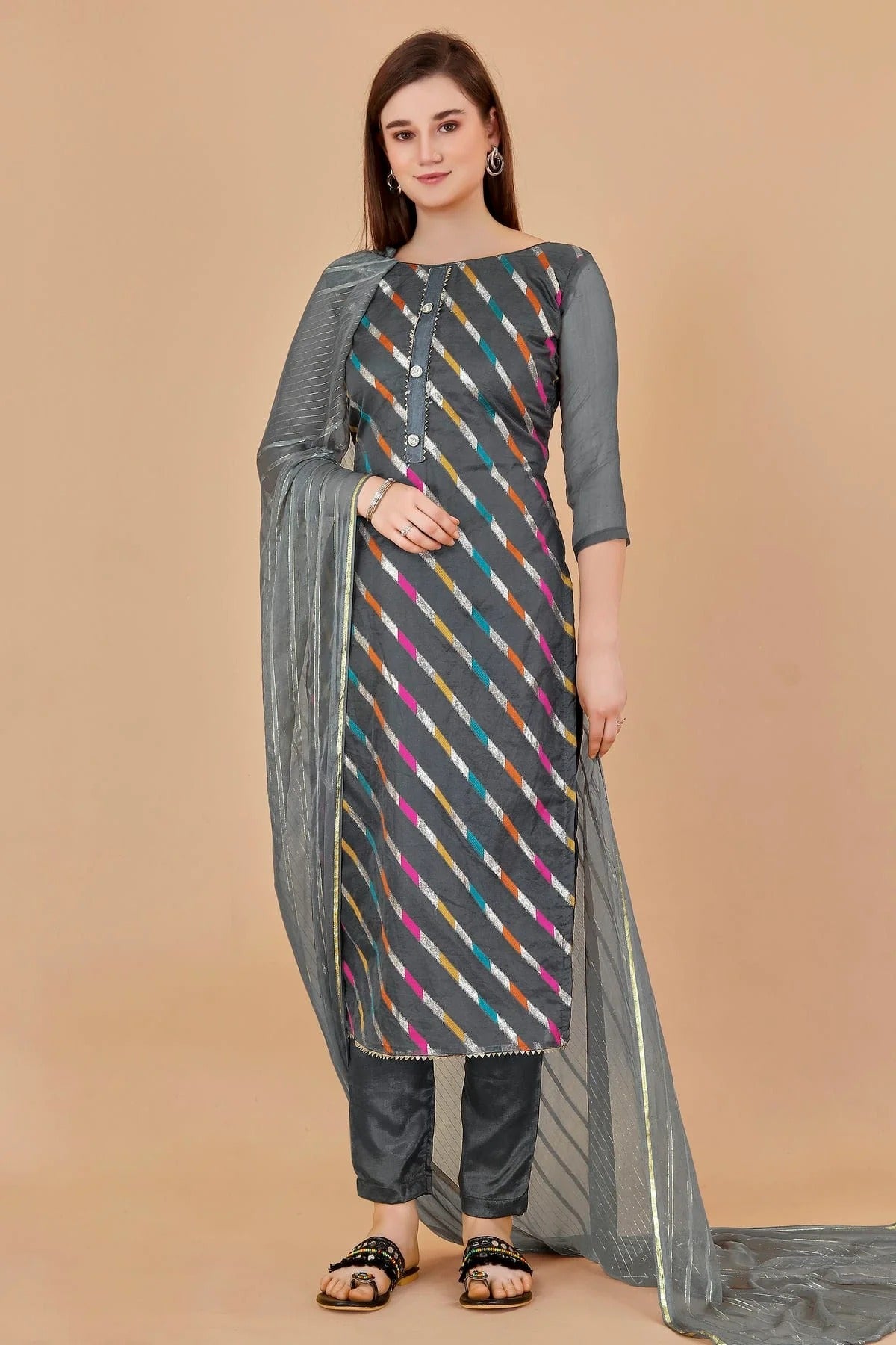 Grey Colour Unstitched Organza Jacquard Fabric Straight Suit US1161026