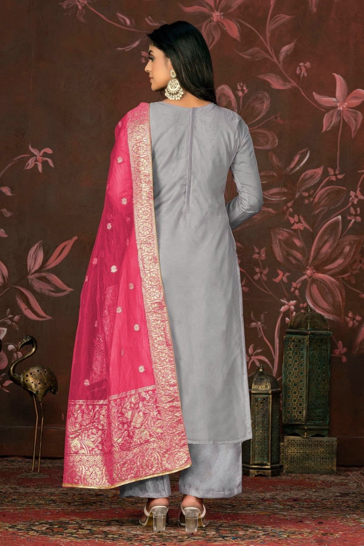 Grey Colour Unstitched Organza Jacquard Straight Suit US1161266 A