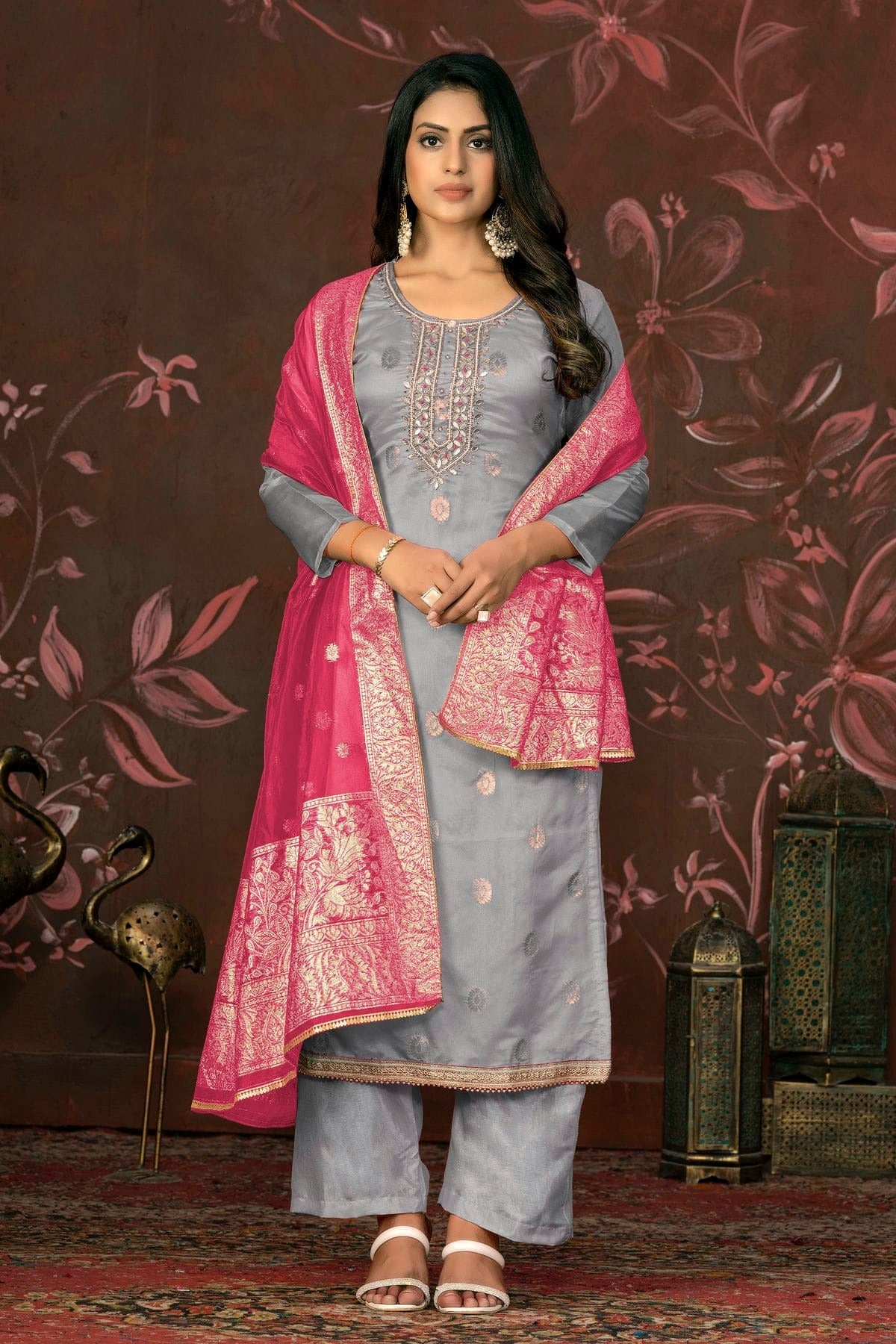 Grey Colour Unstitched Organza Jacquard Straight Suit US1161266