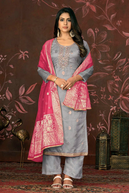 Grey Colour Unstitched Organza Jacquard Straight Suit US1161266