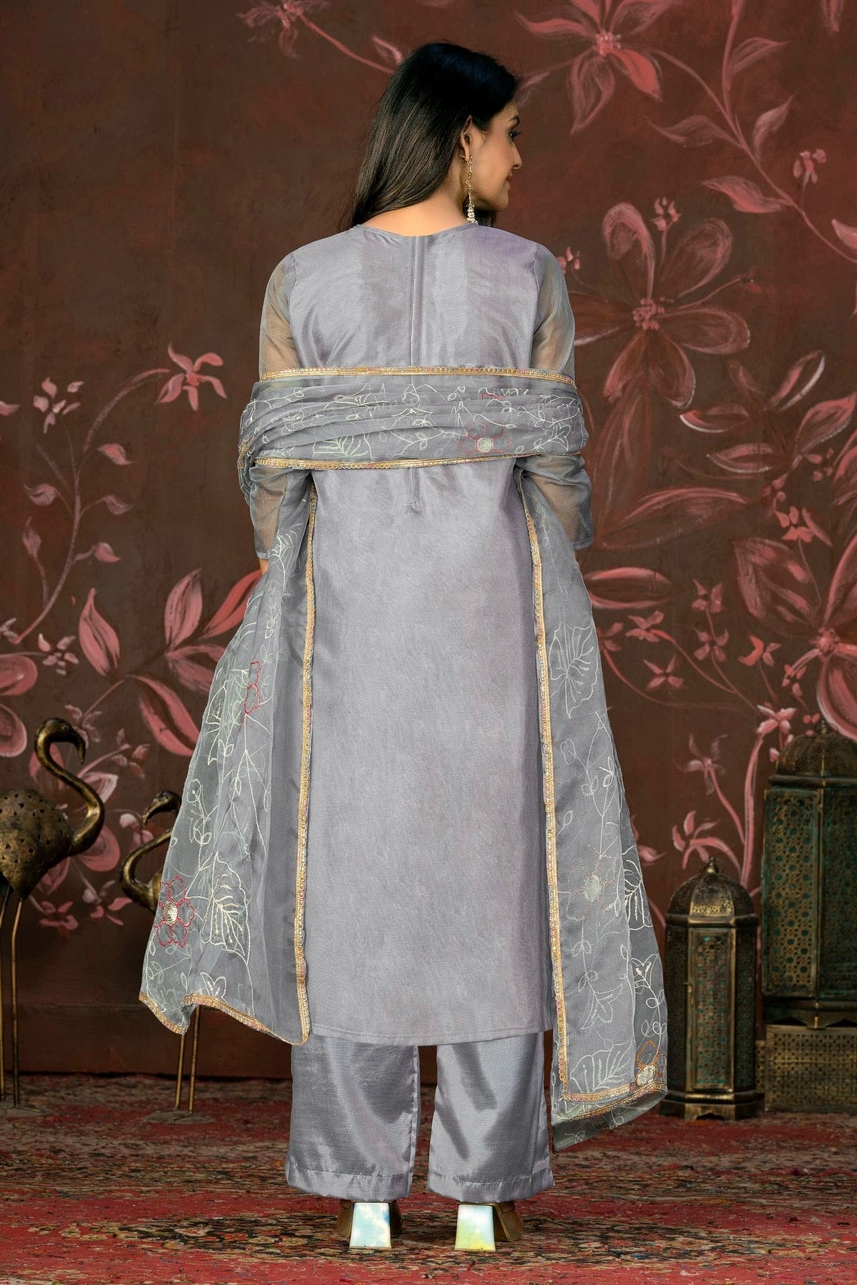 Grey Colour Unstitched Organza Jacquard Straight Suit US1161322 A