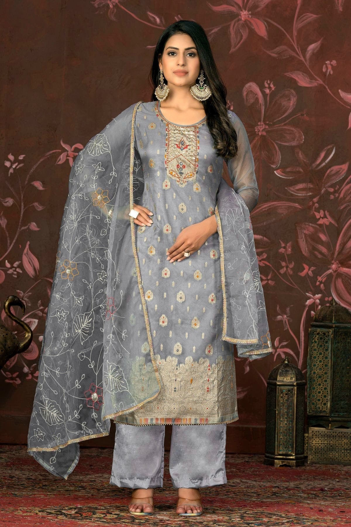 Grey Colour Unstitched Organza Jacquard Straight Suit US1161322