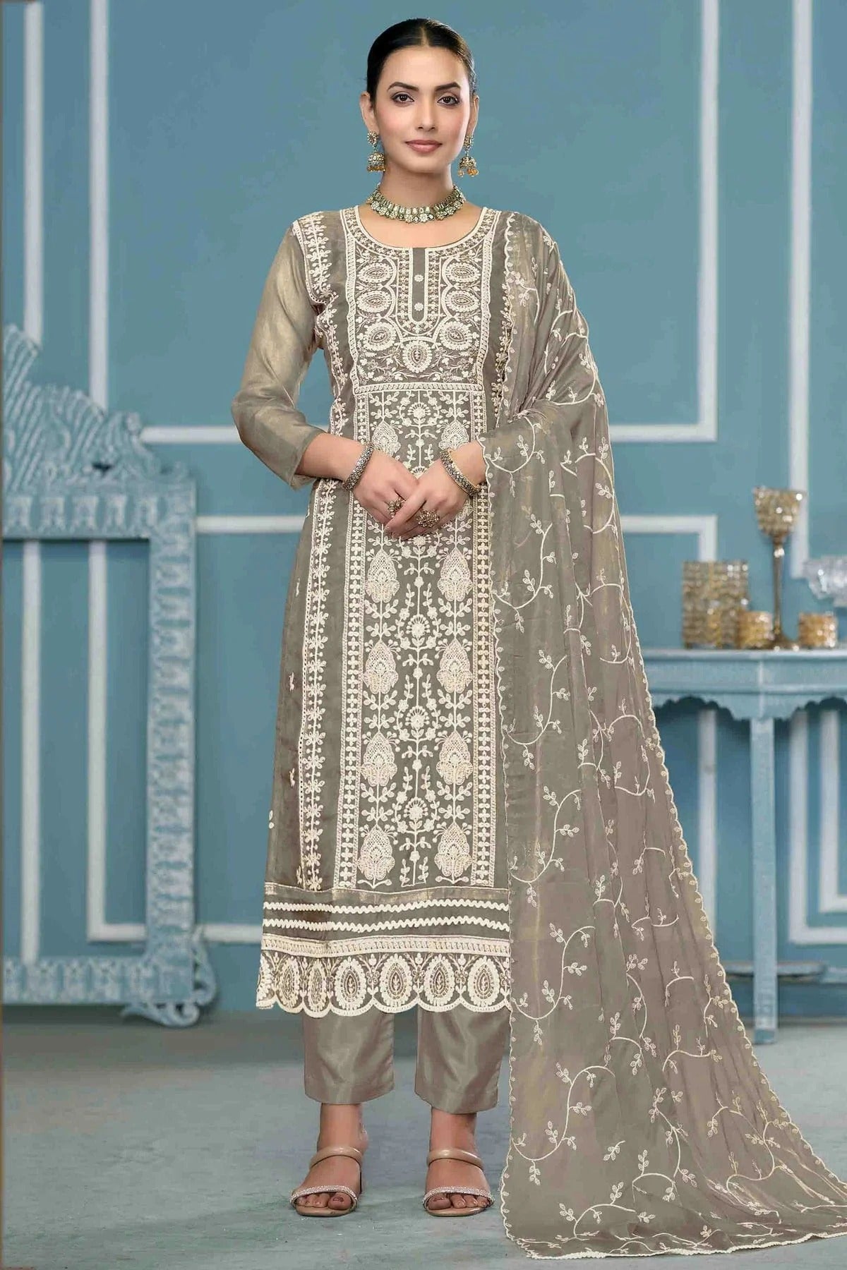 Grey Colour Viscose Organza Pant Style Suit SM1113202