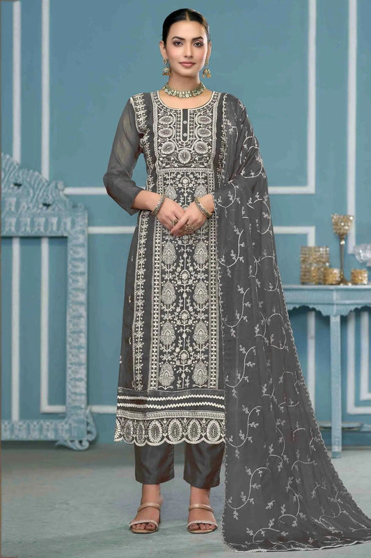 Grey Colour Viscose Organza Pant Style Suit SM1113204