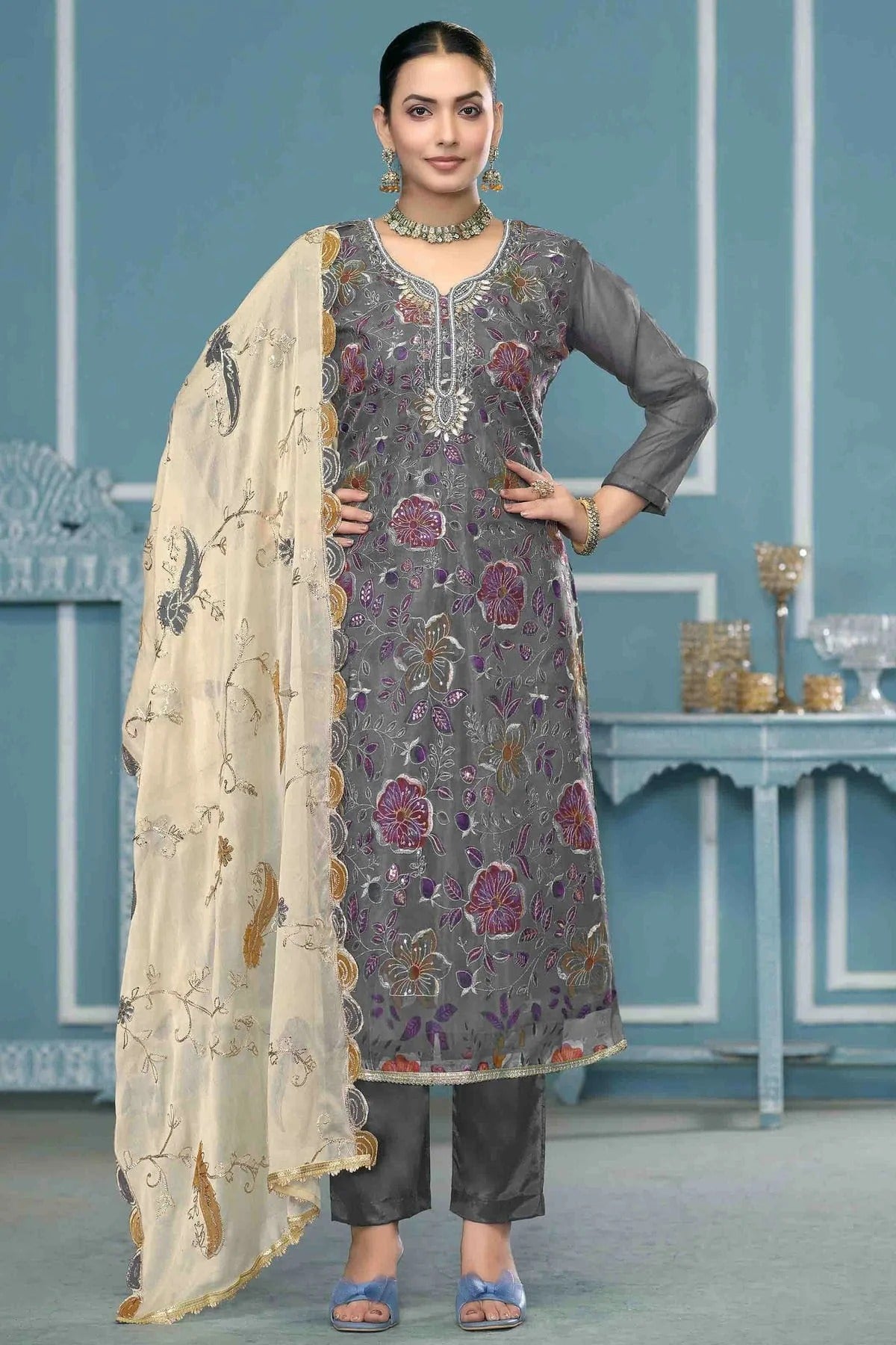 Grey Colour Viscose Organza Pant Style Suit SM1113262