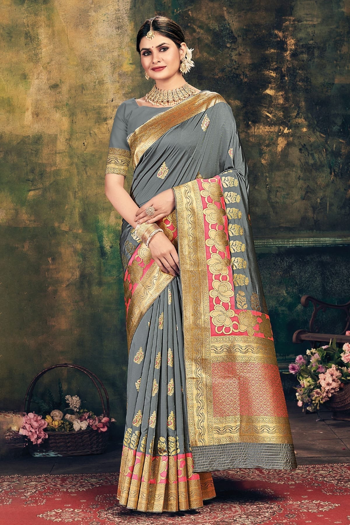 Grey Colour Woven Work Banarasi Silk Saree SD1101275