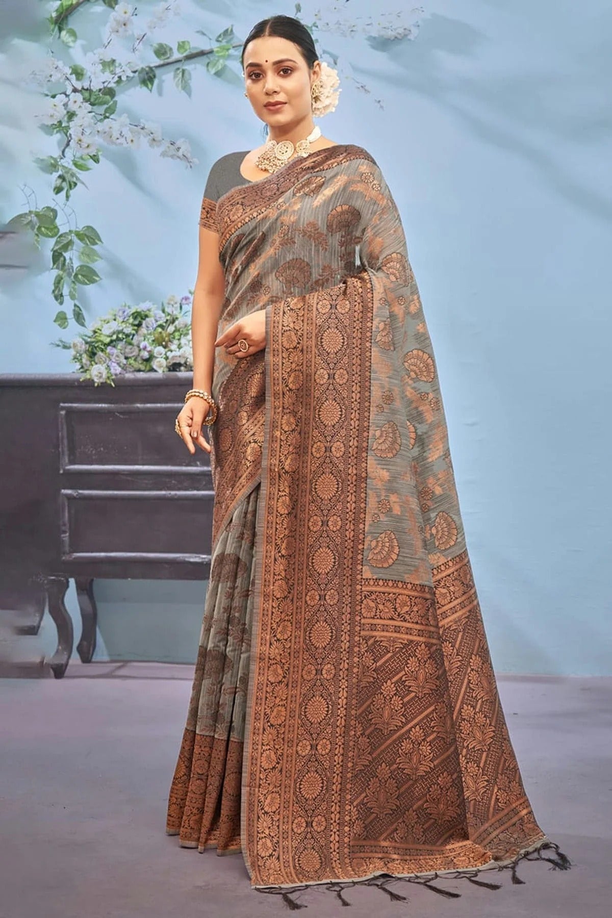 Grey Colour Woven Work Cotton Saree SD1101377