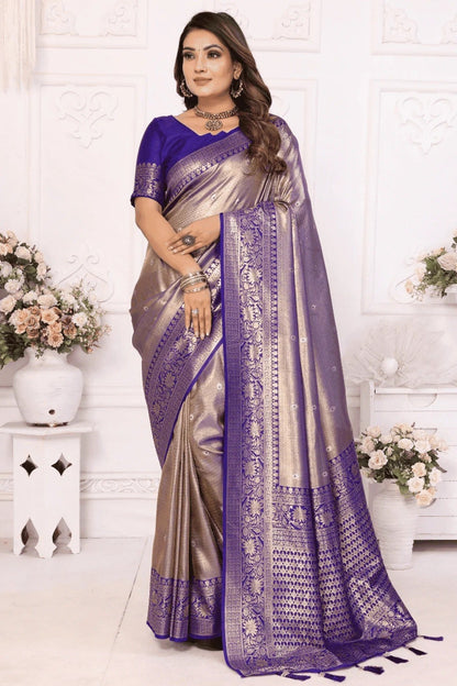 Grey Colour Woven Work Pure Banarasi Tissue Silk Traditional Saree SD1250248