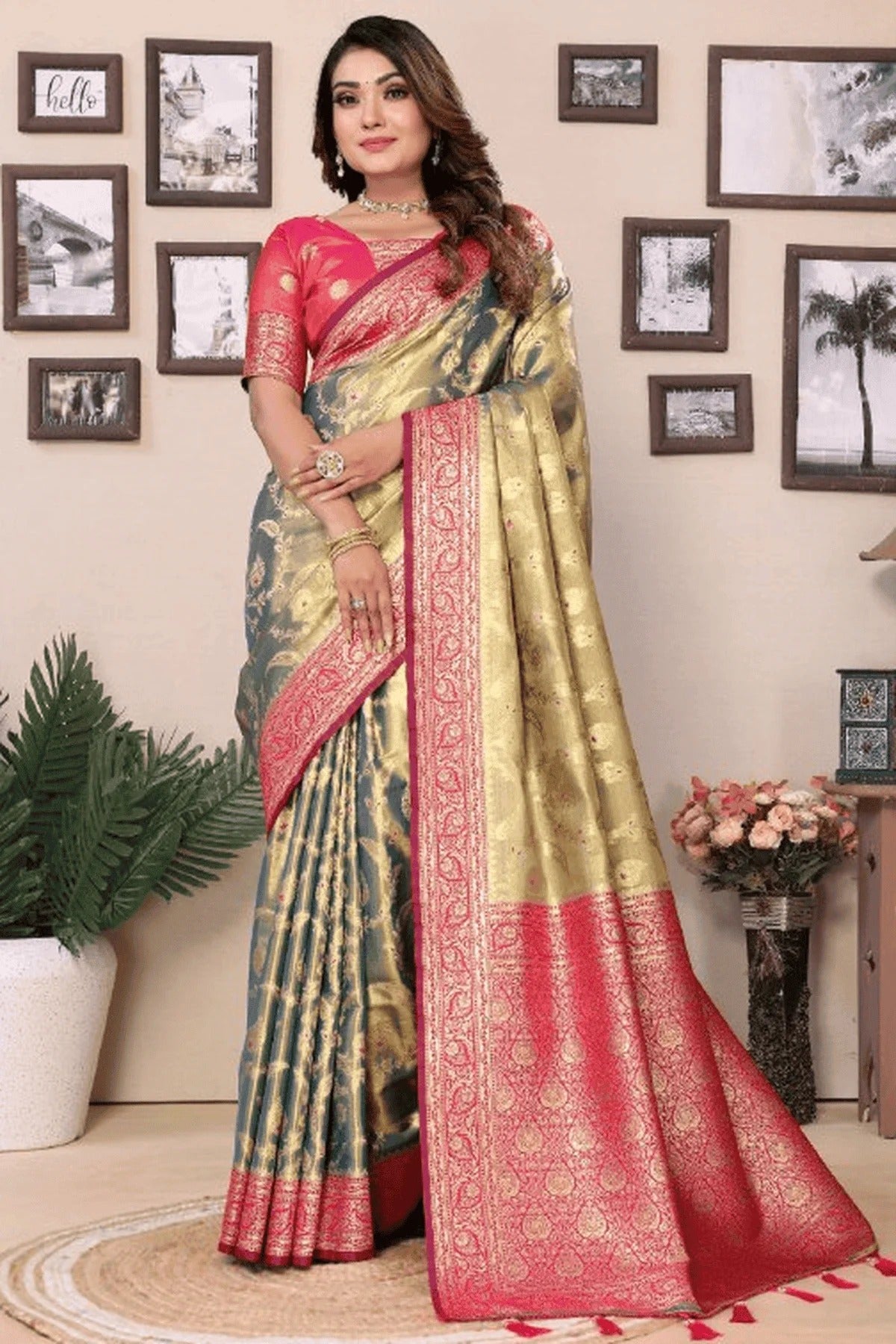 Grey Colour Woven Work Pure Banarasi Tissue Silk Traditional Saree SD1250253