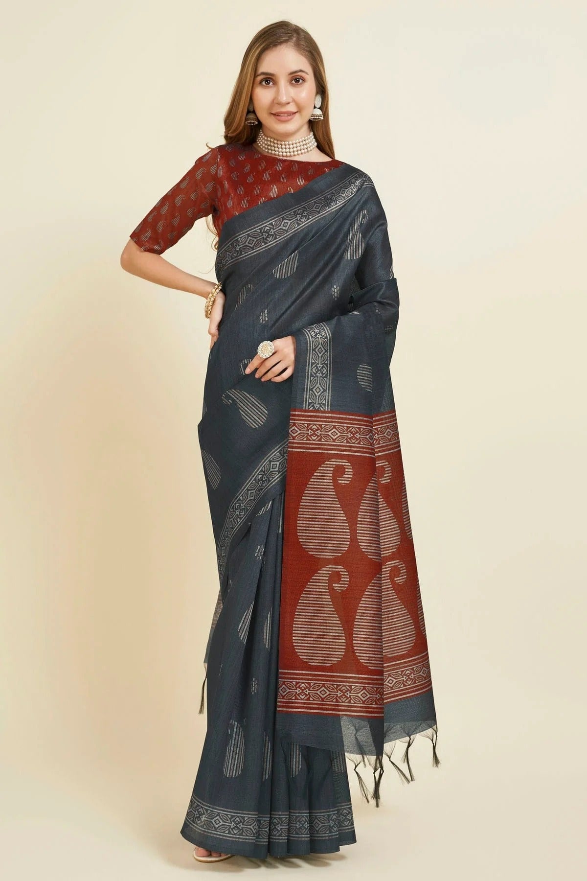 Grey Colour Woven Work Sofi Silk Saree SD1101891