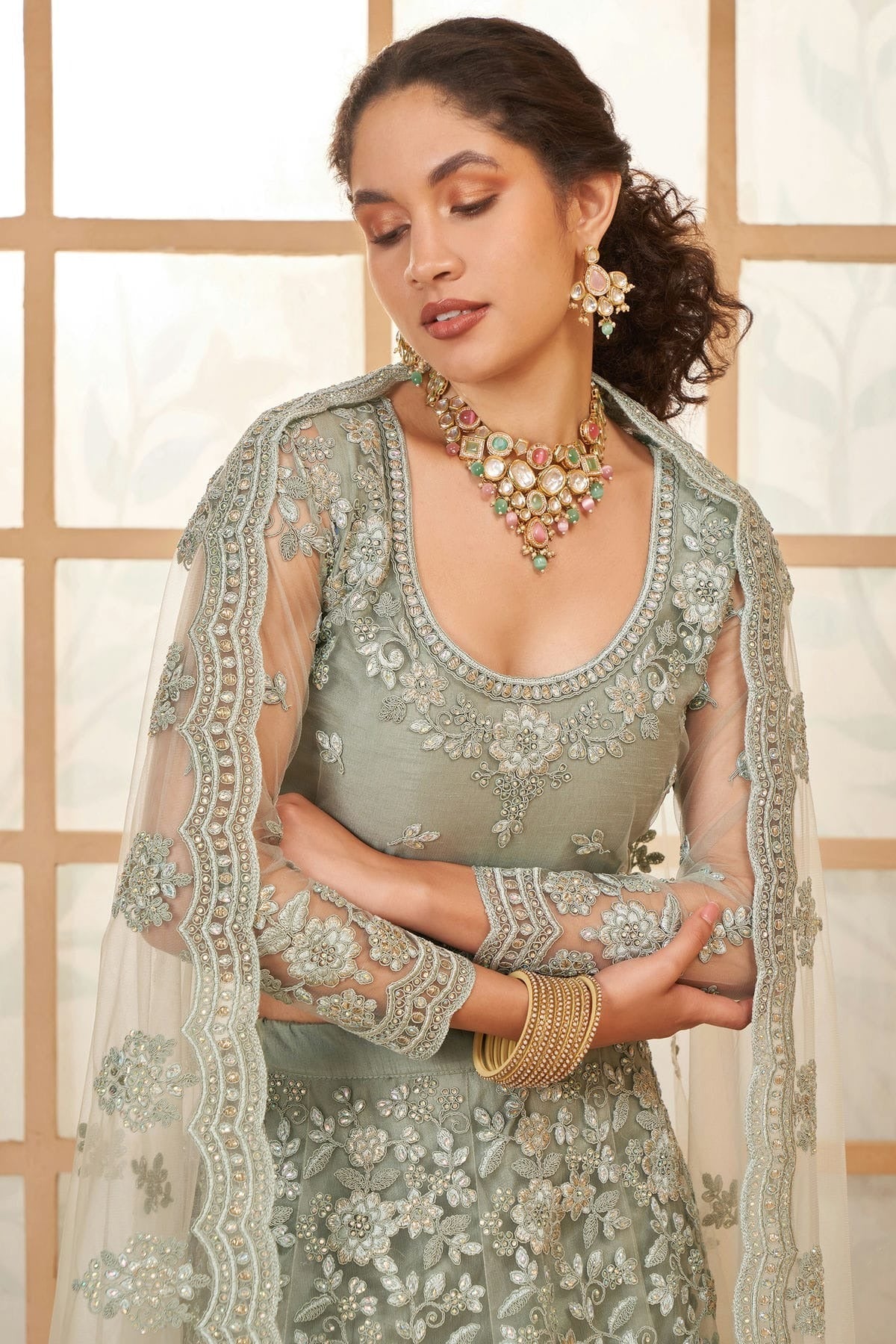 Grey Embroidery Net and SilK Lehenga Choli LC1290142 B